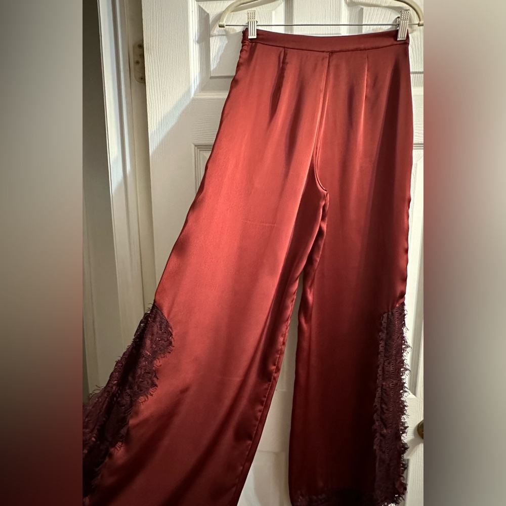 Rust Satin Pants with Lace Trim